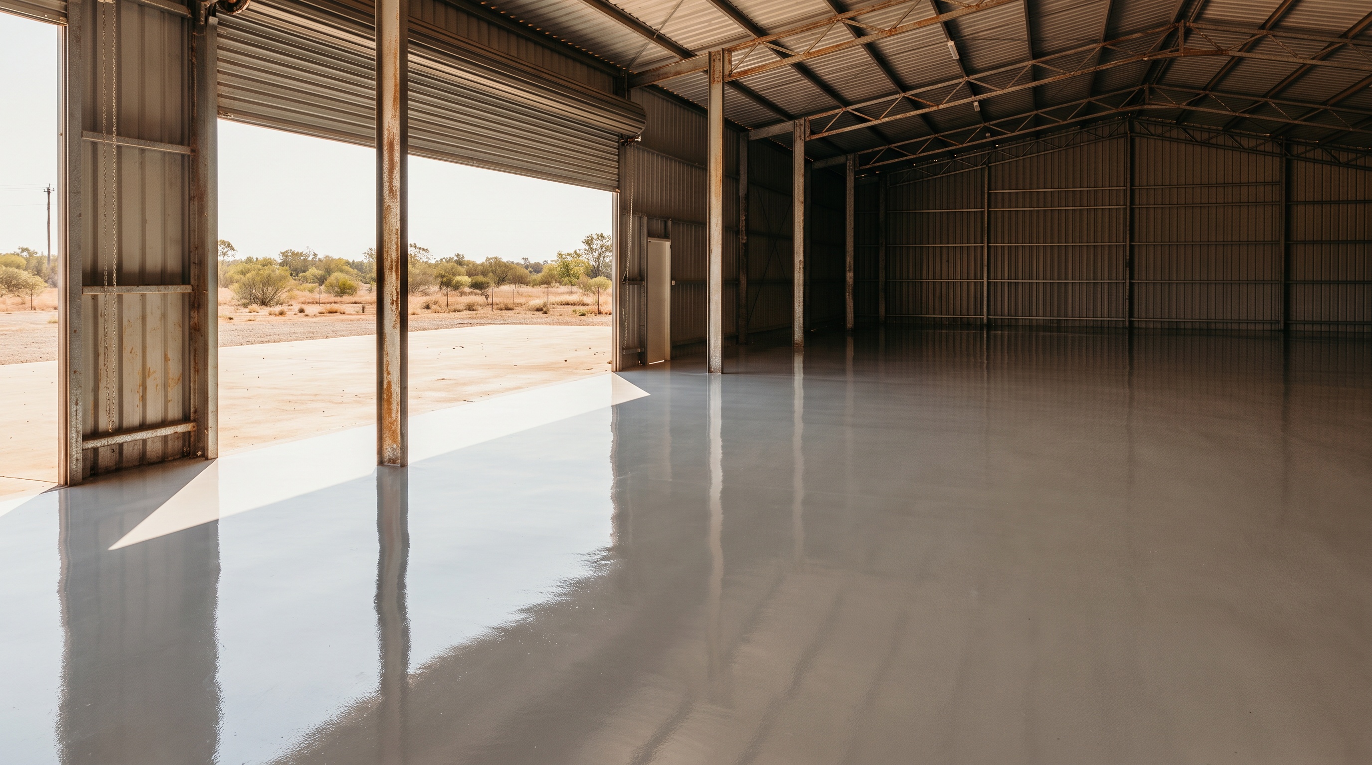 A seamless high gloss resin floor in a shed with the roller door open to daylight