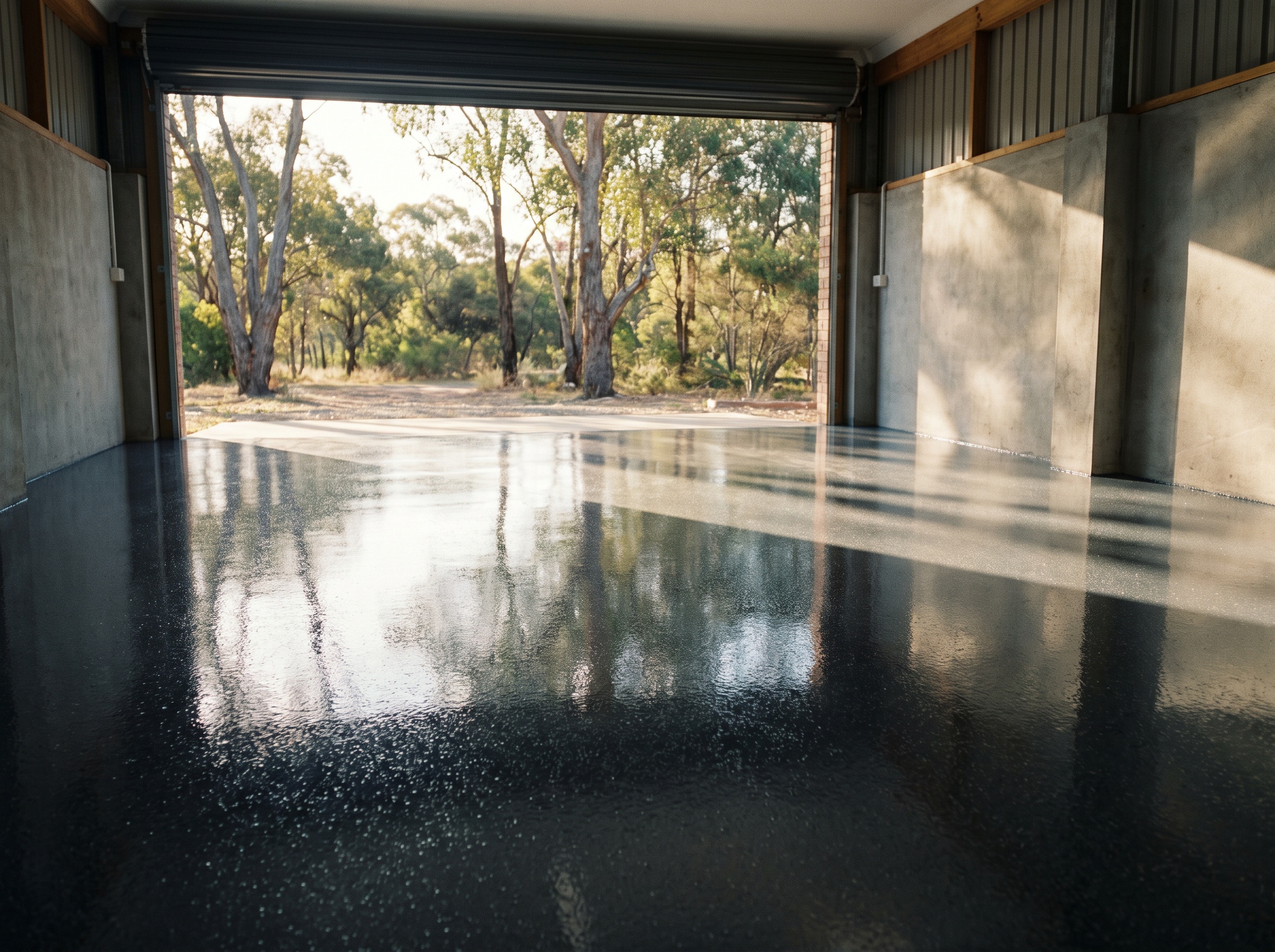 A high gloss resin floor in a garage with a roller door open to bright light